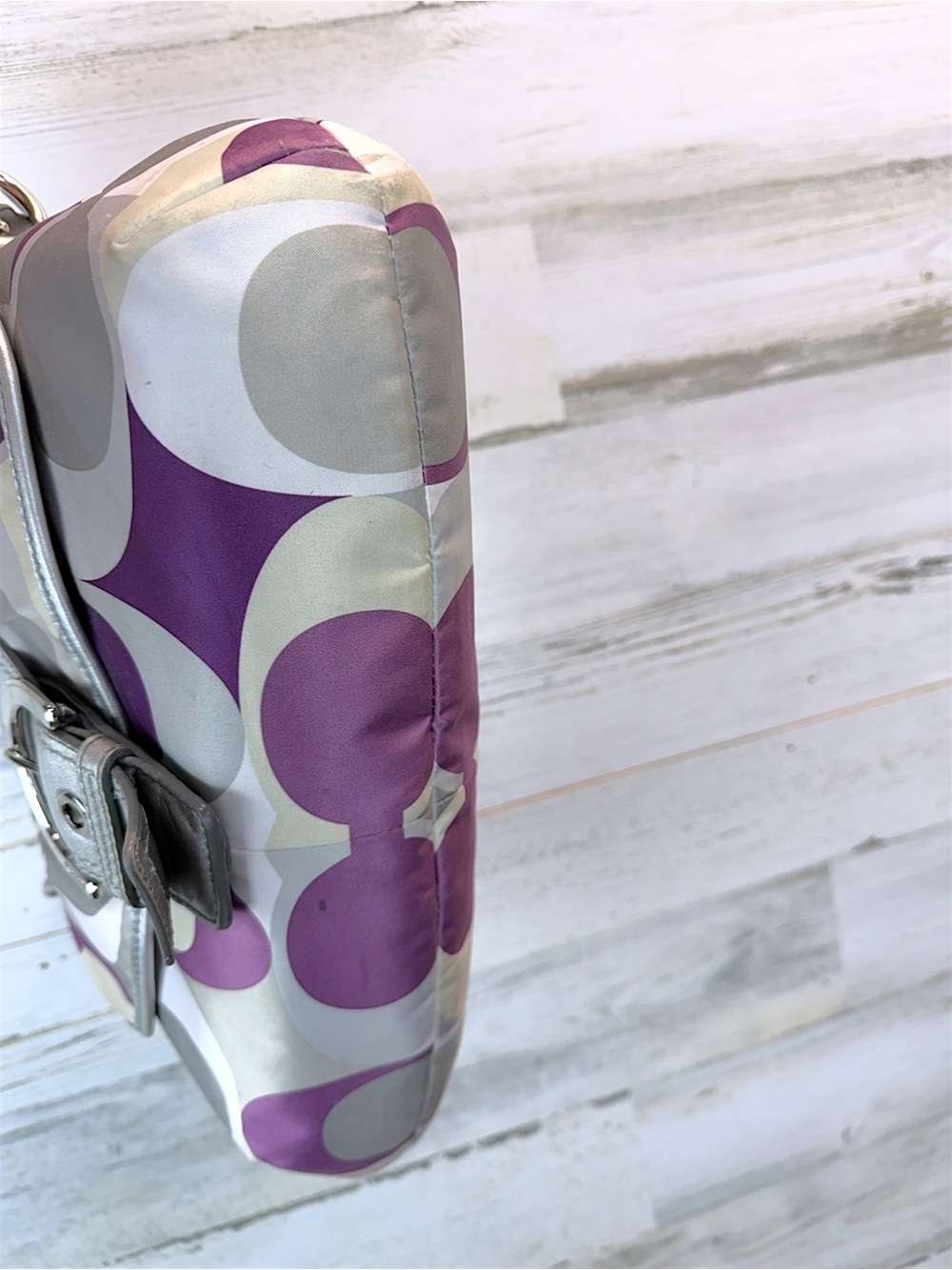 Coach Soho Purple Gray Op Art Satin Shoulder Bag Silver Buckle Hobo Purse - Picture 9 of 12